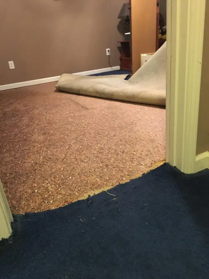 Carpet pad removal revealing water damage during Water Mitigation Services in Apache Junction
